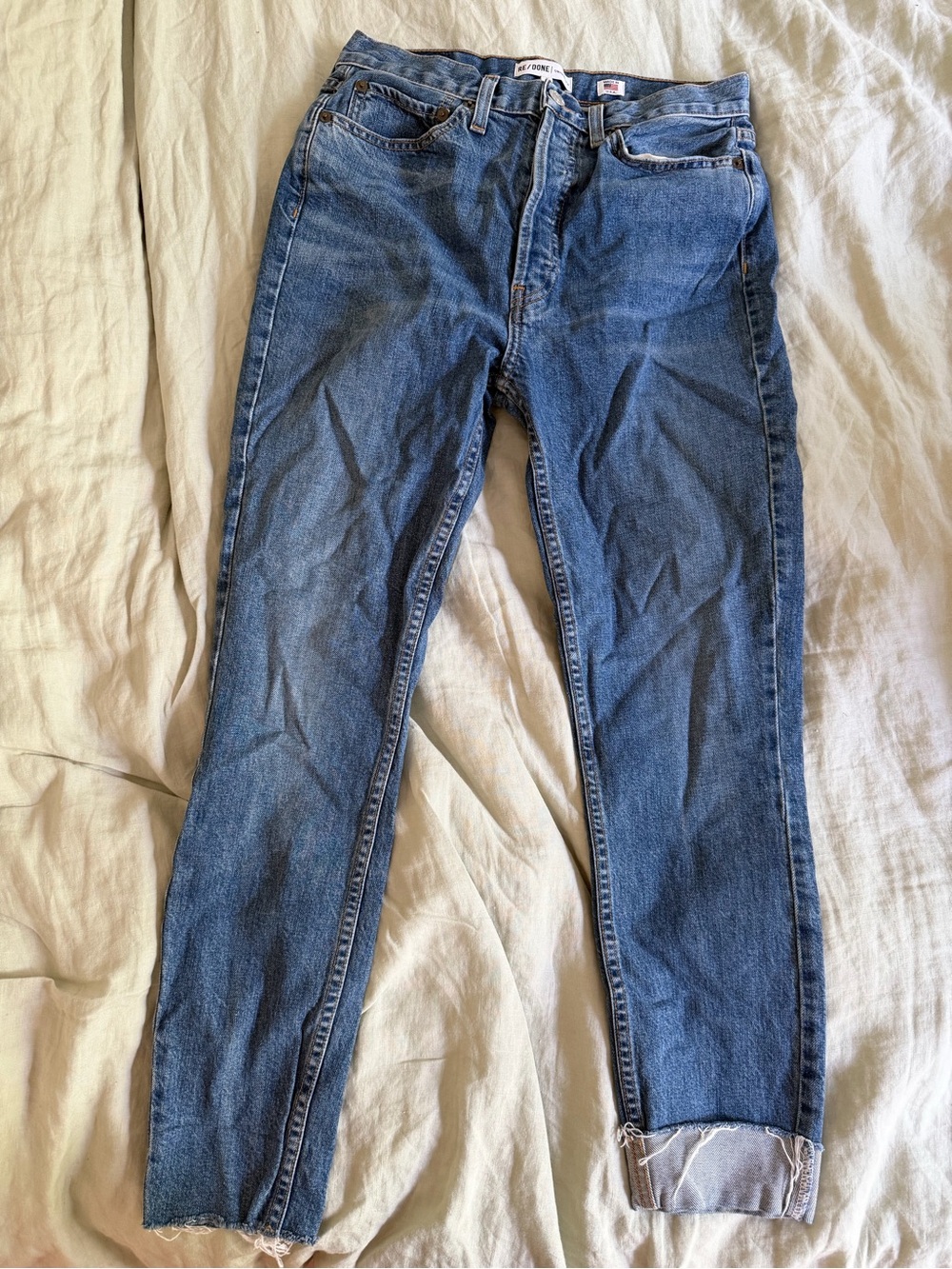 RE/DONE Classic Blue Womens Jeans raw hem.